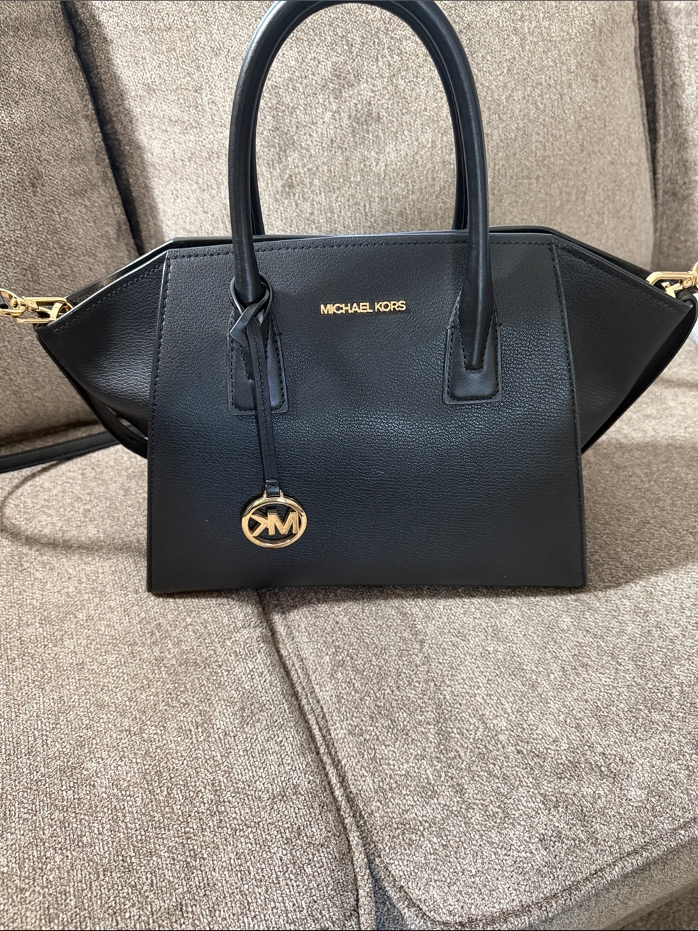 Michael Kors Black Leather Satchel with Gold Accent Charm